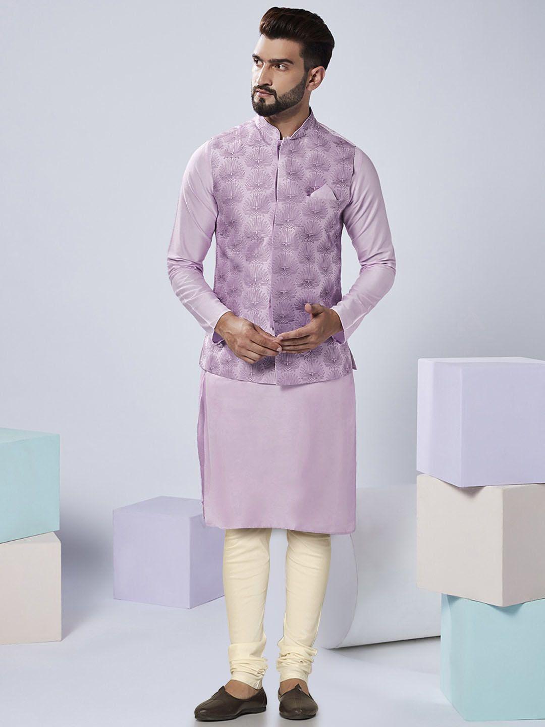 kisah men lavender ethnic motifs printed regular kurta with churidar