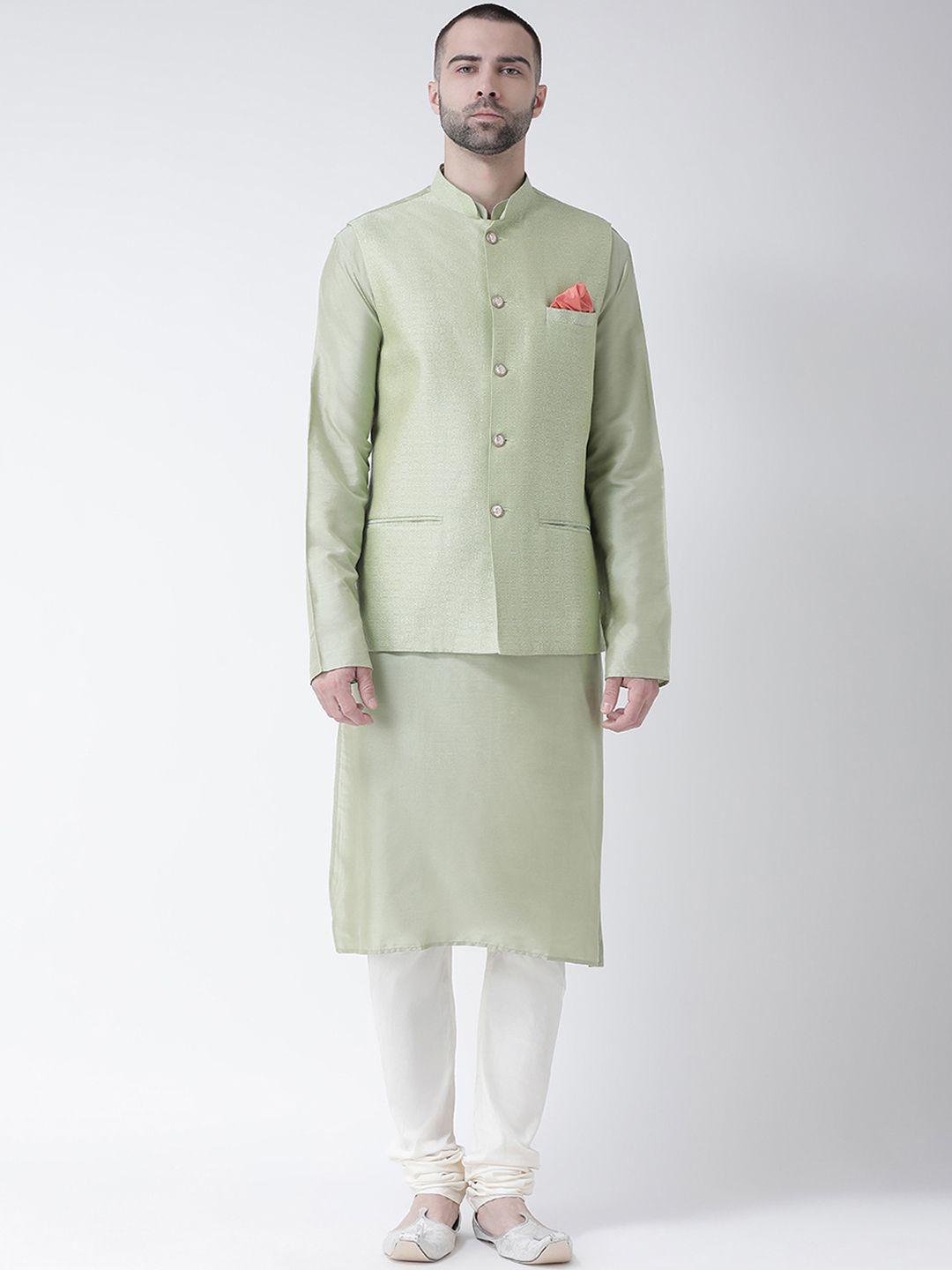 kisah men lime green & white solid churidar kurta with nehru jacket