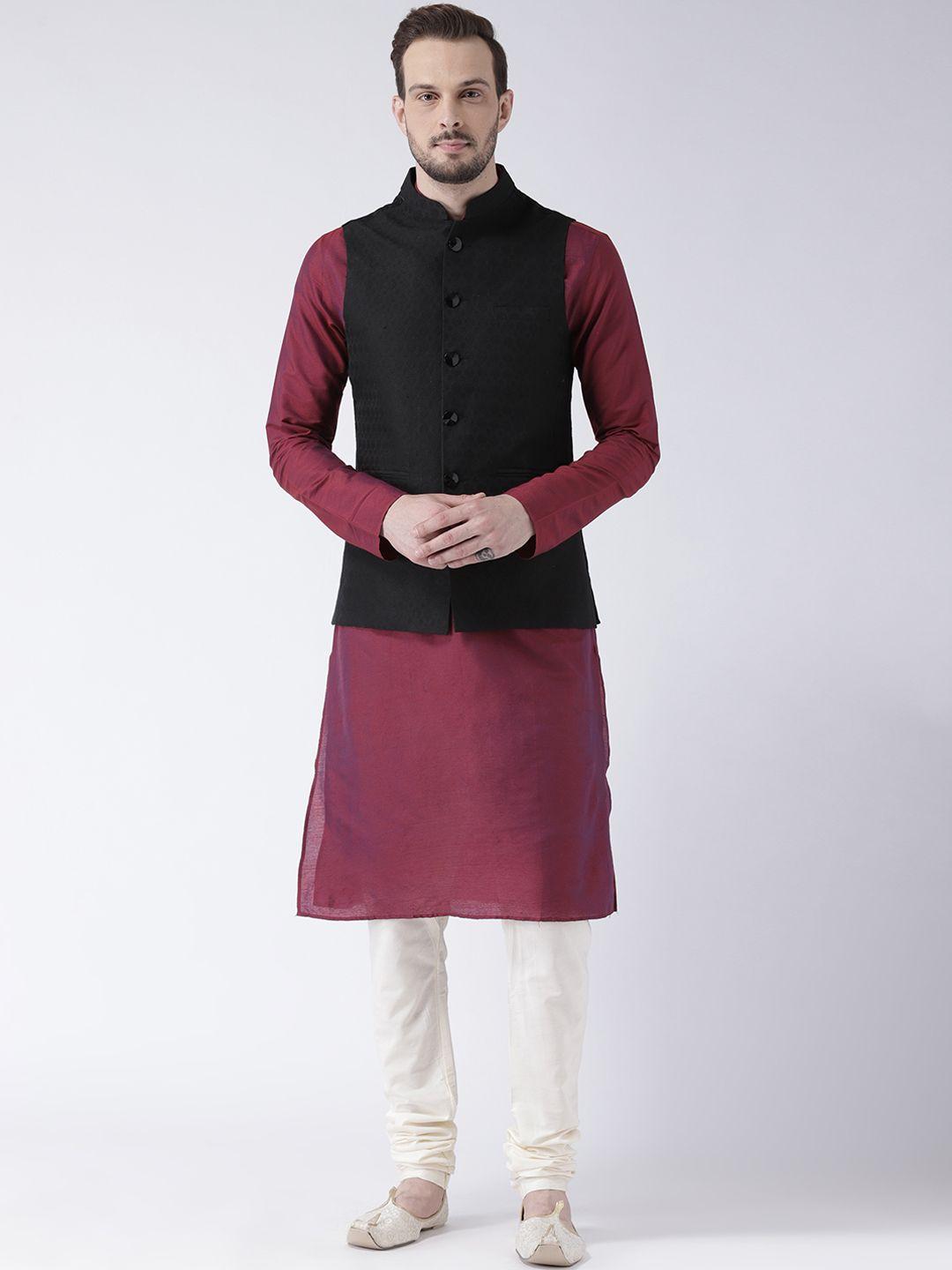 kisah men magenta & black solid banarasi kurta with churidar & nehru jacket