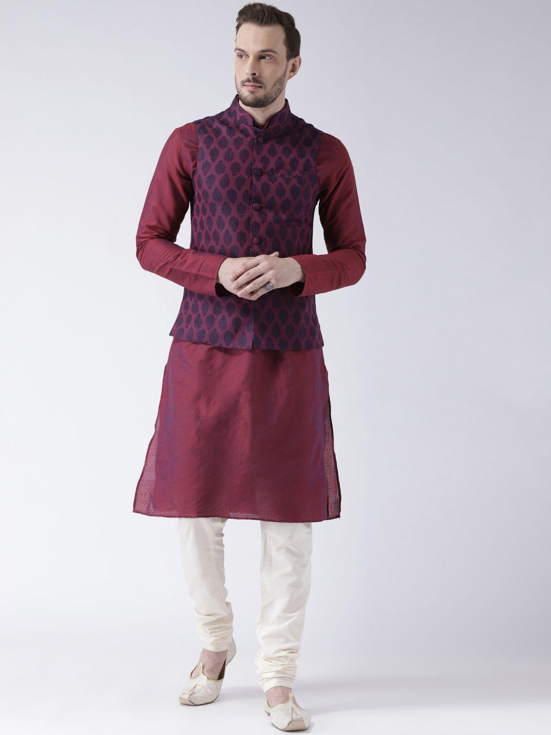 kisah men magenta & purple solid banarasi kurta with churidar & nehru jacket
