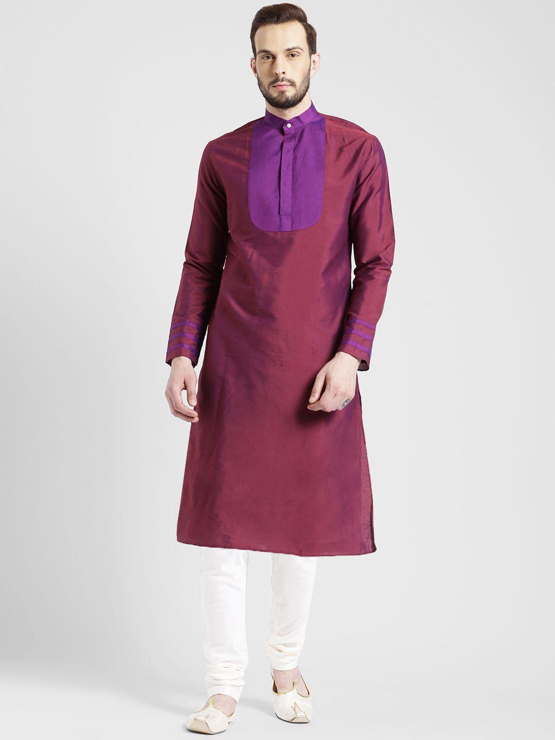 kisah men magenta & white yoke design kurta with churidar