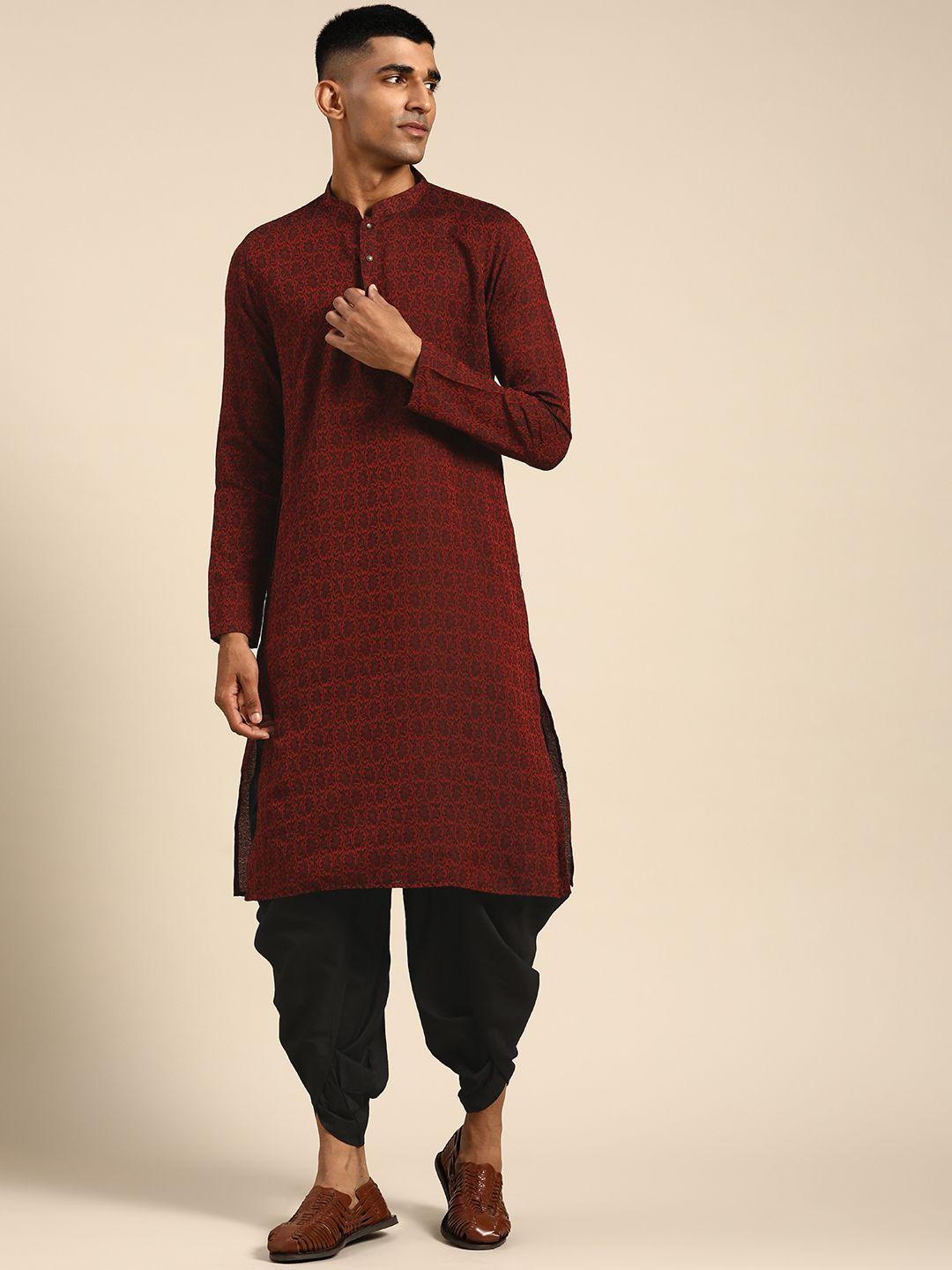 kisah men maroon & black floral thread work kurta with dhoti pants