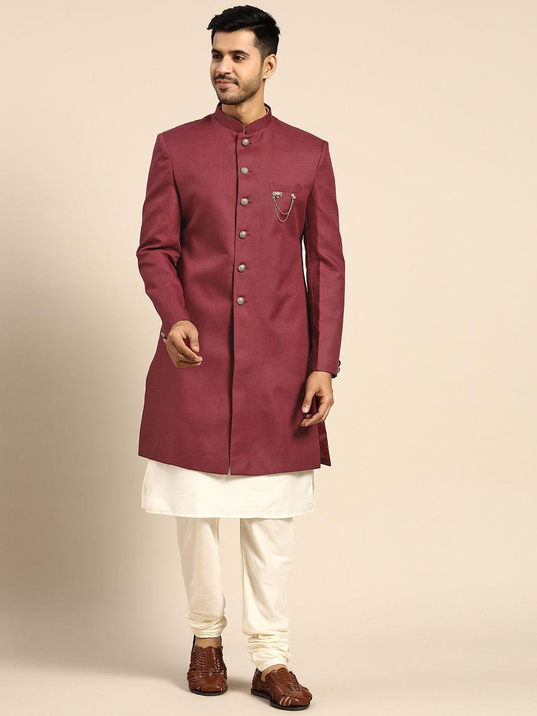 kisah men maroon & off white cotton kurta sherwani set