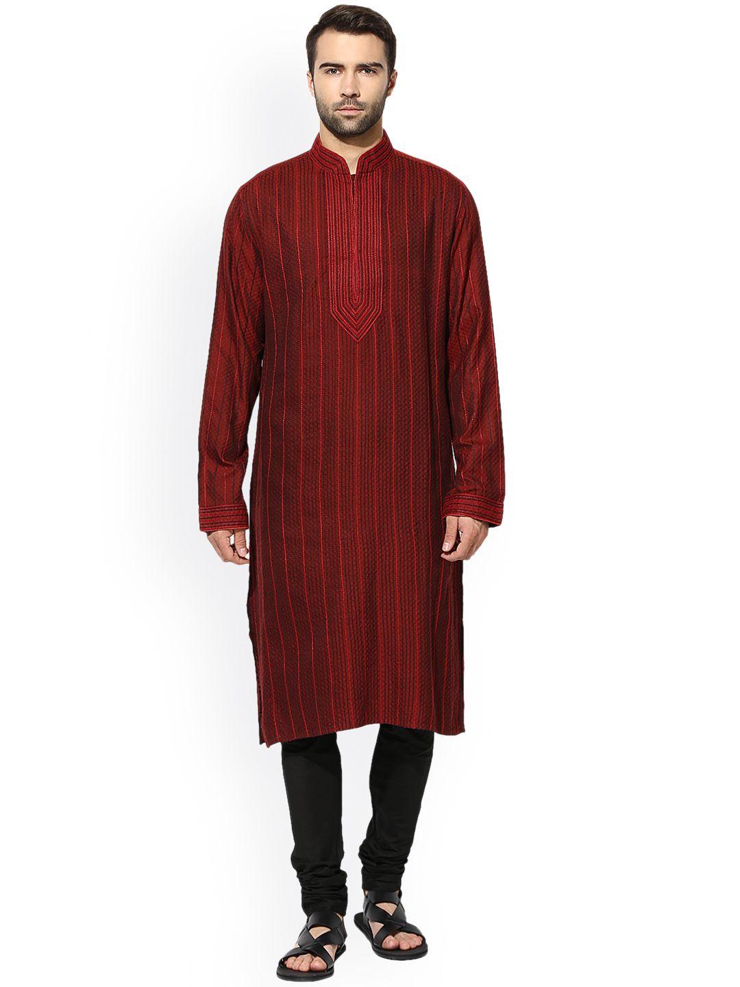 kisah men maroon & red striped straight kurta