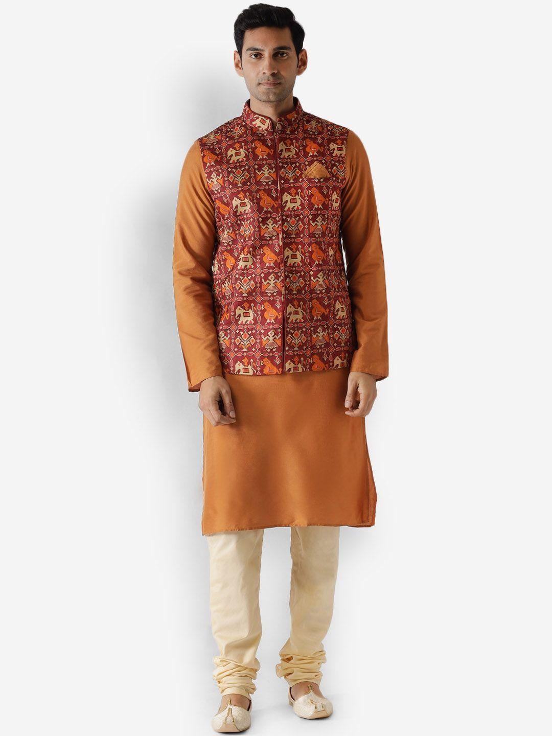 kisah men maroon & rust brown kurta with pyjamas & nehru jacket