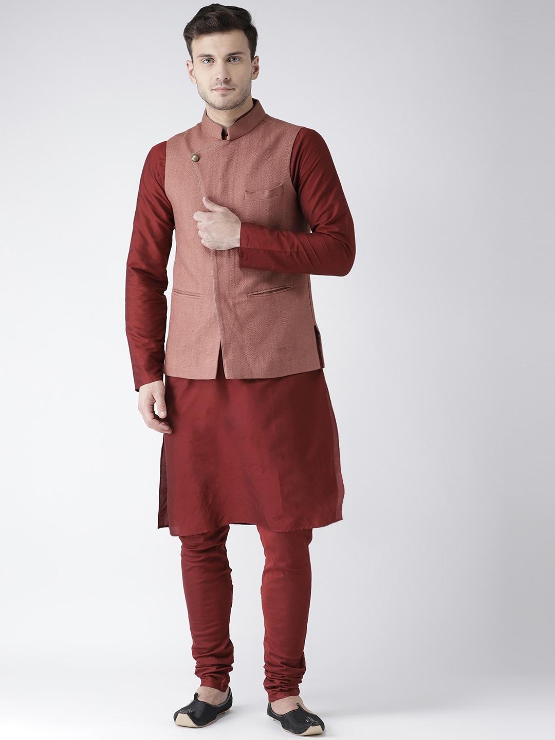 kisah men maroon & rust solid kurta with churidar & nehru jacket
