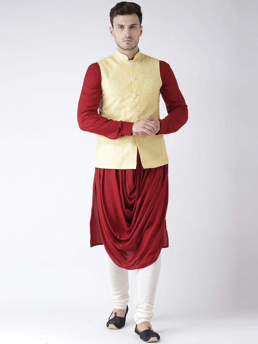 kisah men maroon & yellow printed kurta with churidar & nehru jacket