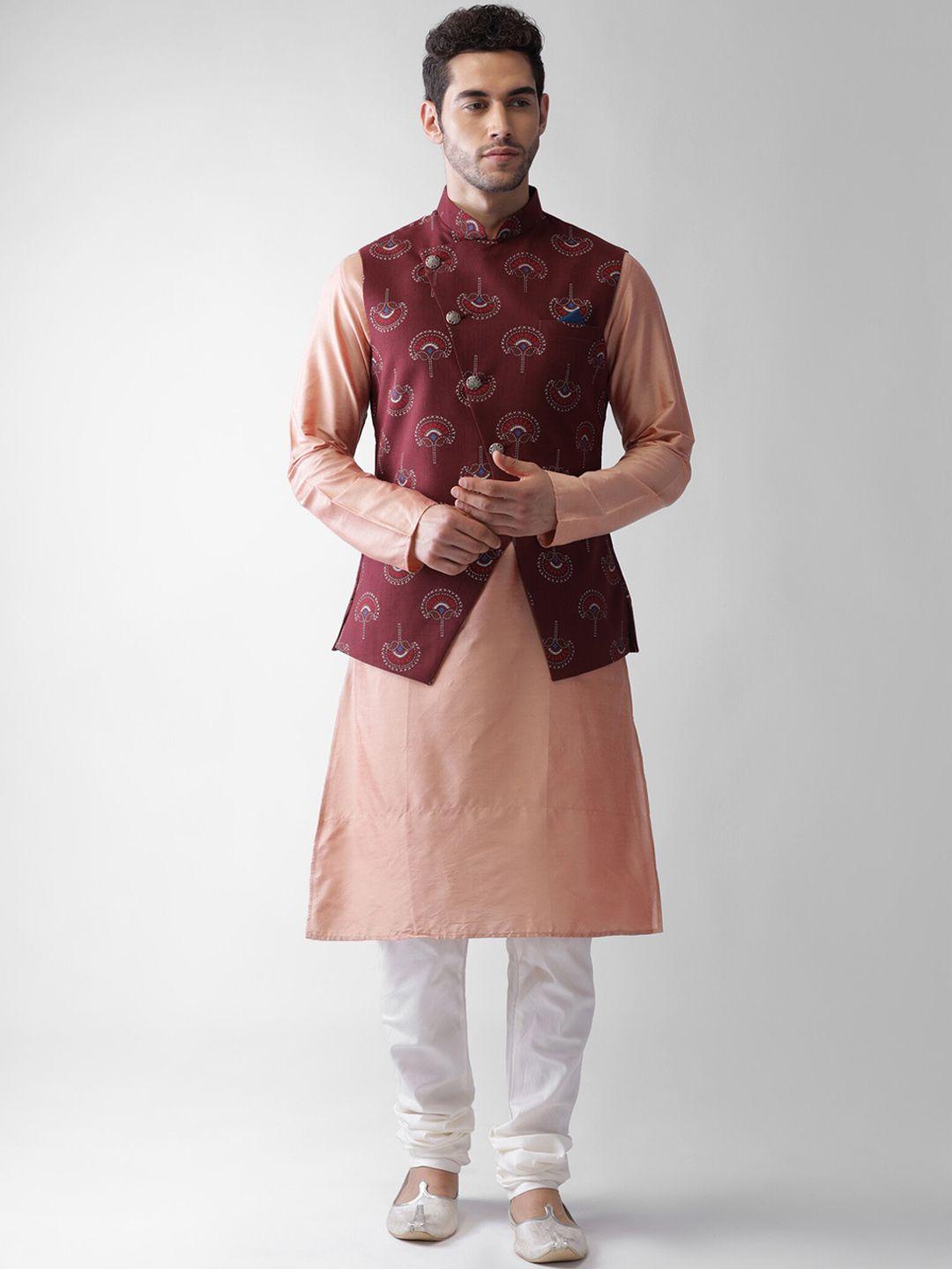 kisah men maroon ethnic motifs kurta with churidar with nehru jacket