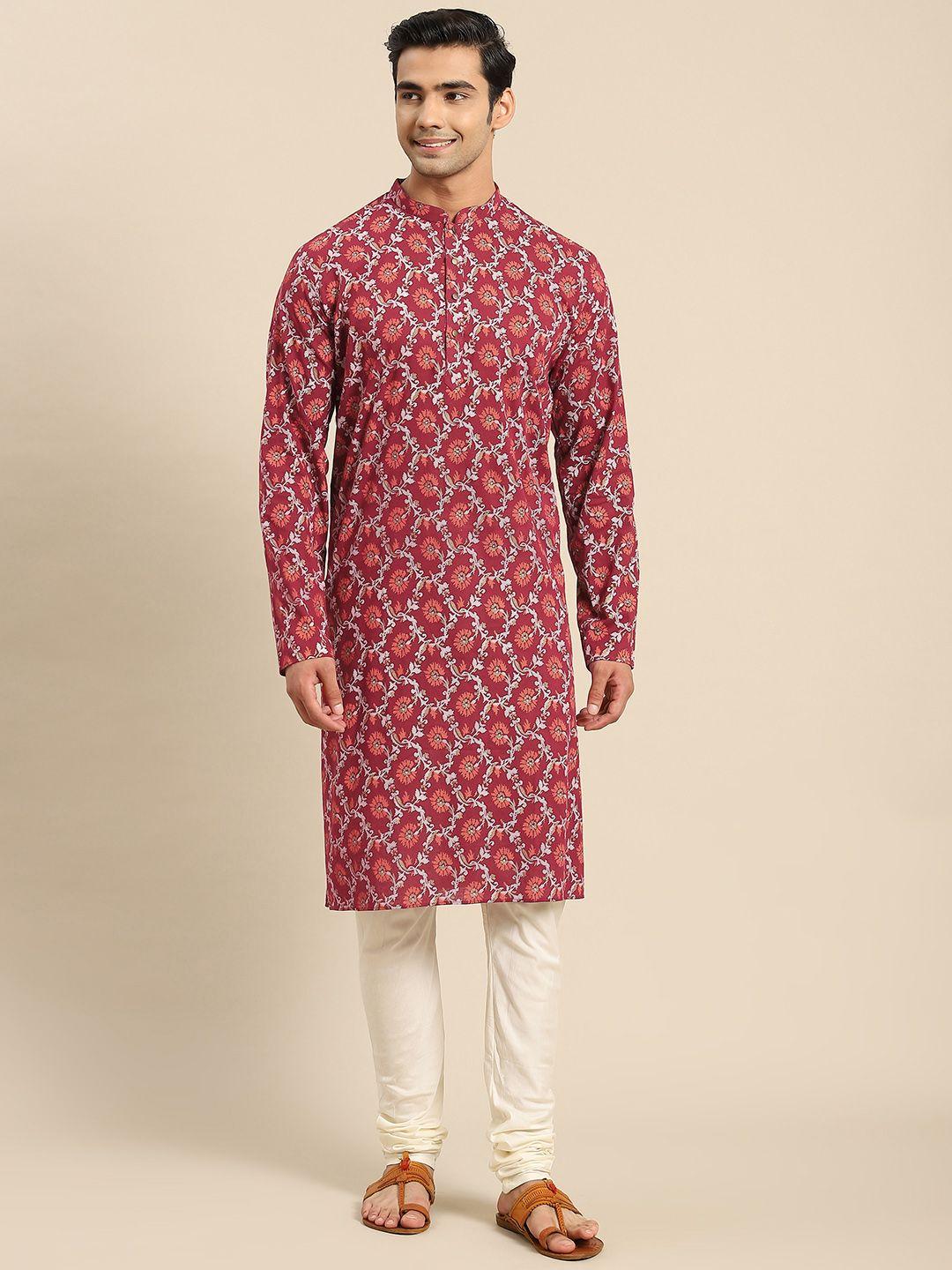 kisah men maroon floral printed kurta with churidar