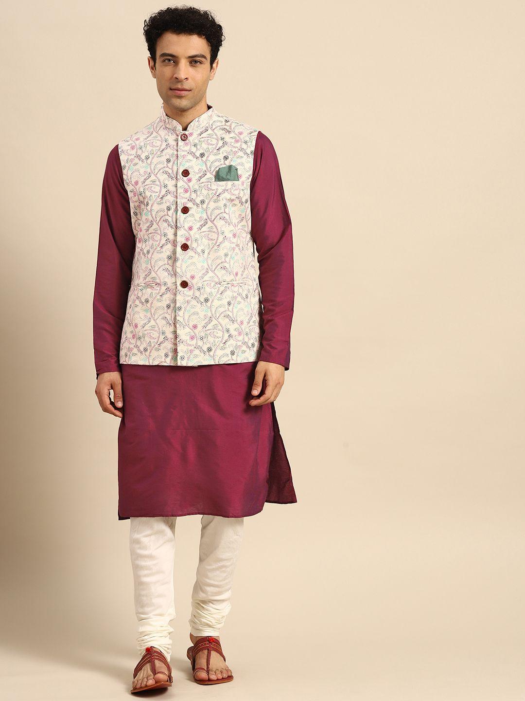 kisah men maroon kurta with churidar & nehru jacket