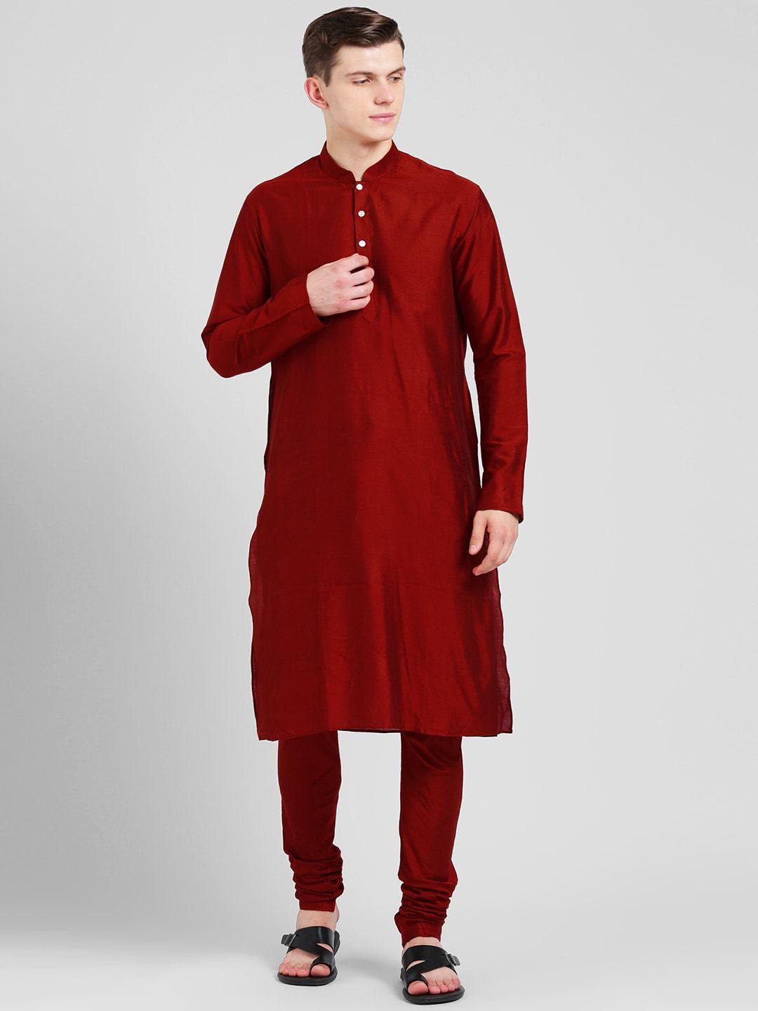 kisah men maroon mandarin collar kurta with churidar