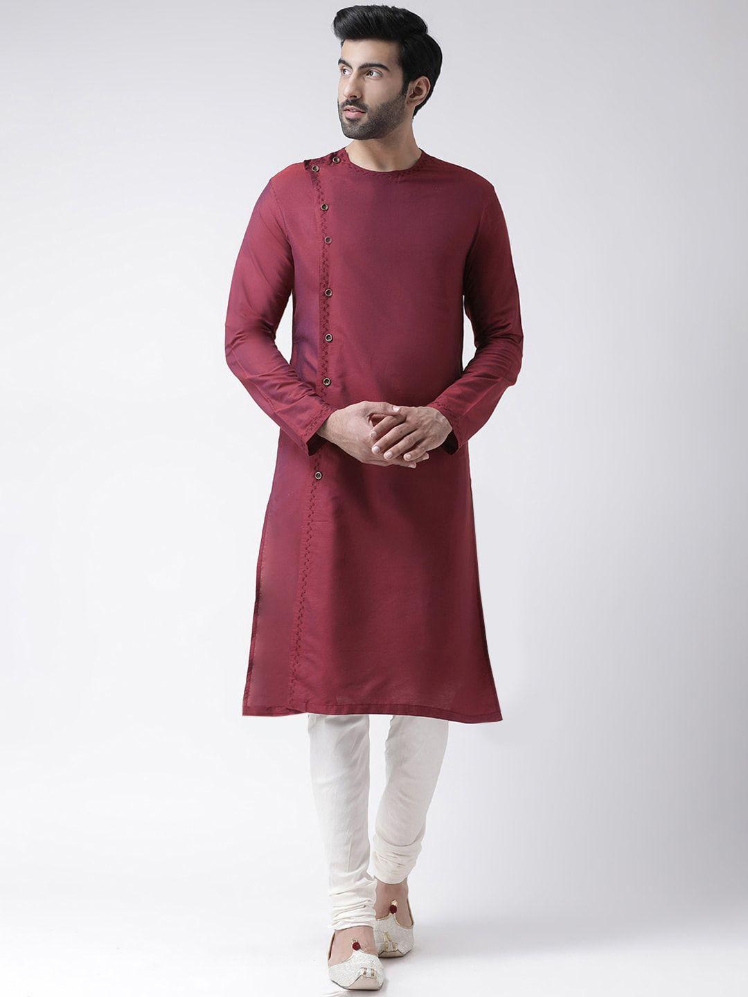 kisah men maroon solid cotton kurta