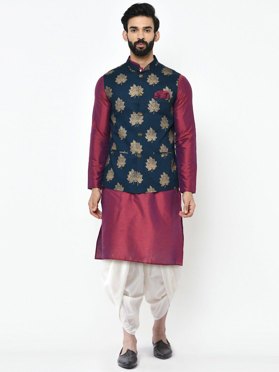 kisah men maroon solid kurta with dhoti pant & printed nehru jacket
