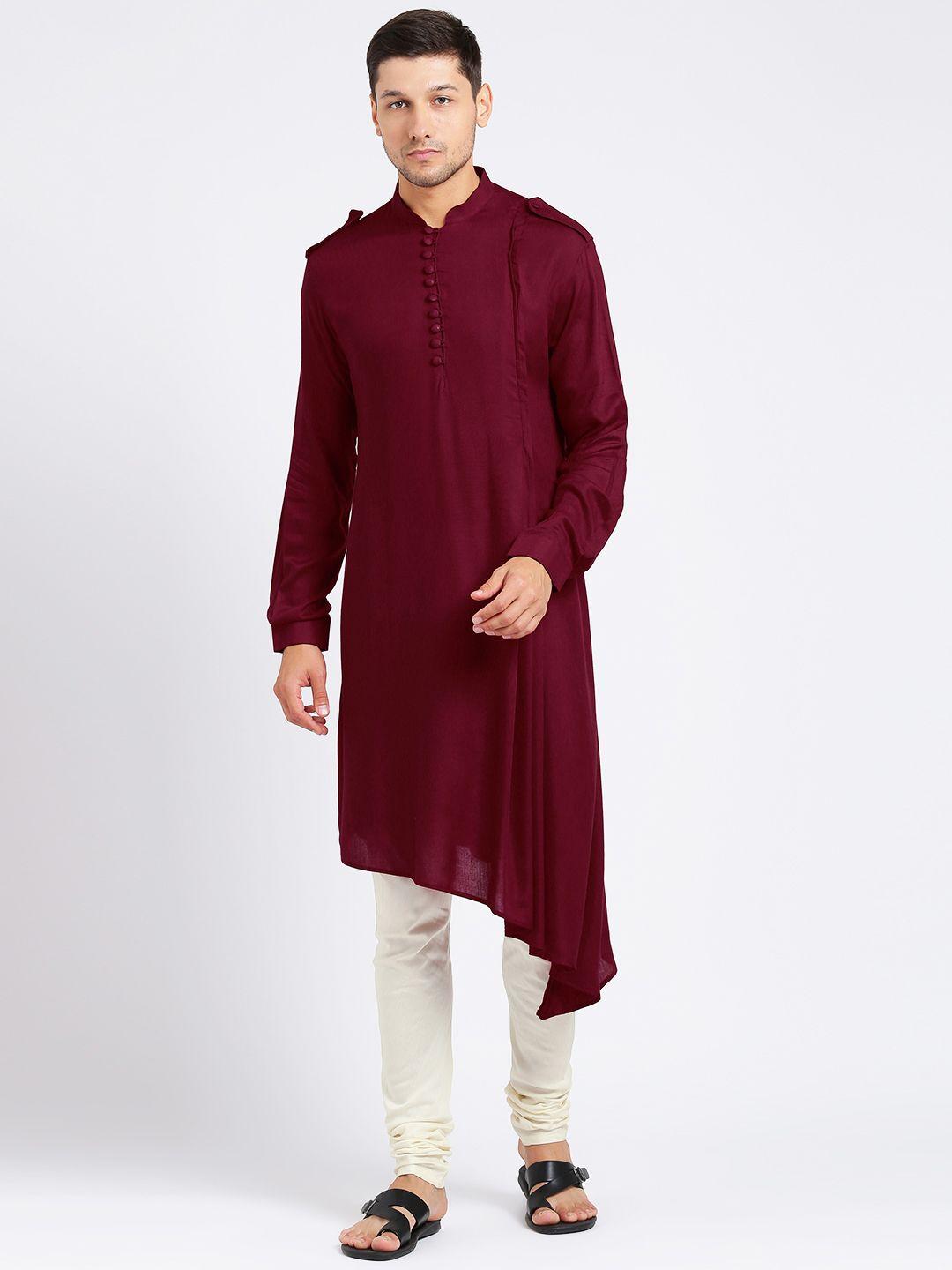 kisah men maroon solid straight kurta