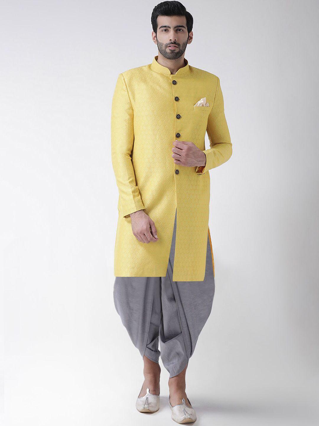 kisah men men yellow & grey-coloured solid sherwani with dhoti pants