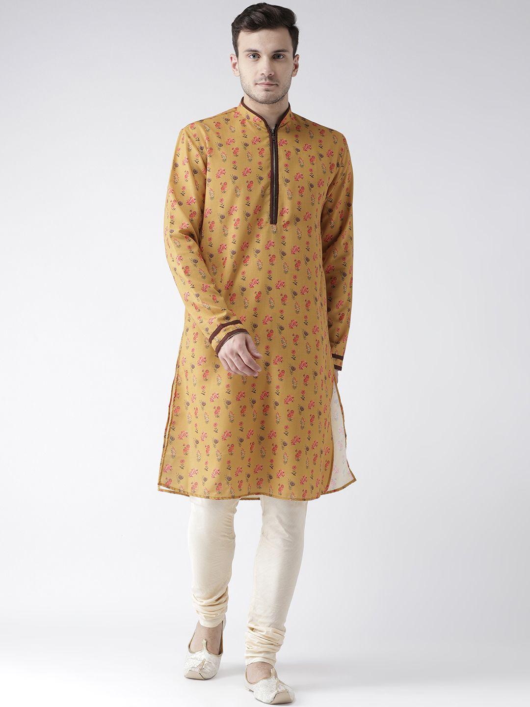 kisah men mustard & cream-coloured printed kurta with churidar