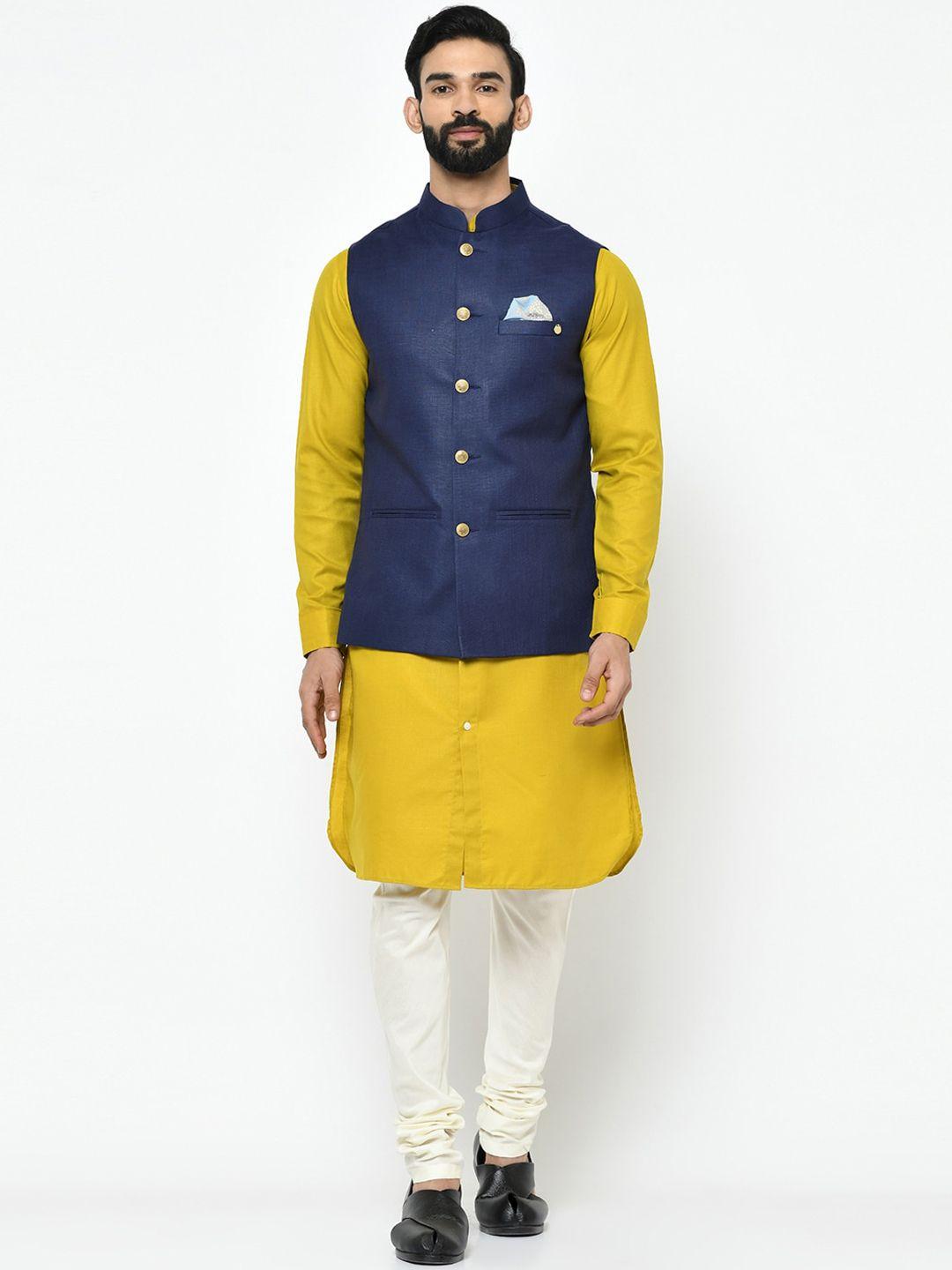 kisah men mustard yellow & white solid kurta with churidar