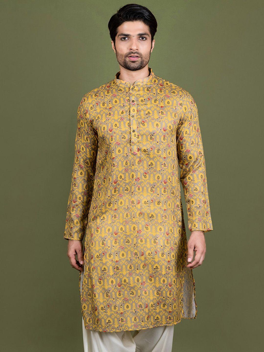 kisah men mustard yellow geometric cold-shoulder sleeves pathani kurta