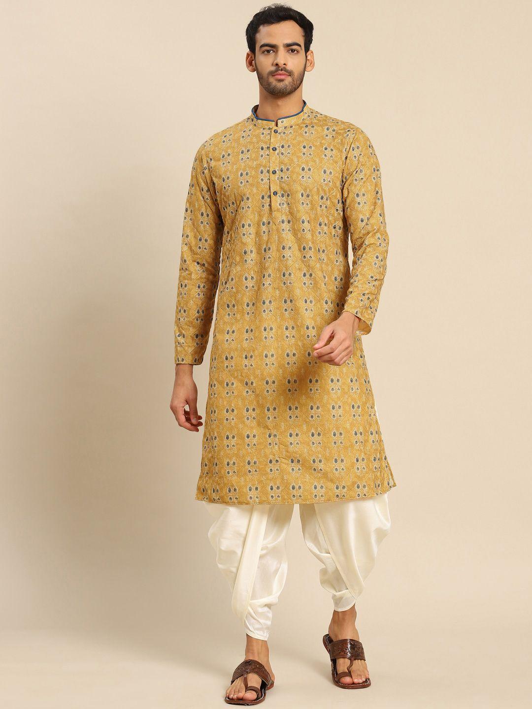 kisah men mustard yellow geometric embroidered ethnic kurta