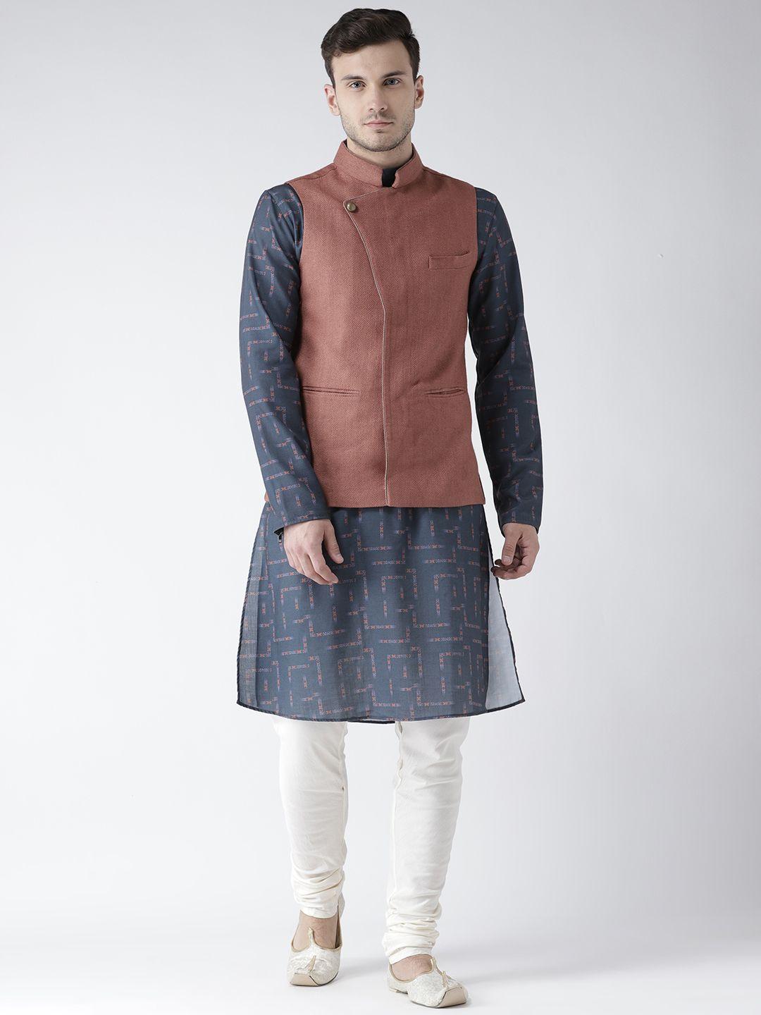 kisah men navy & cream-coloured printed kurta with churidar & nehru jacket