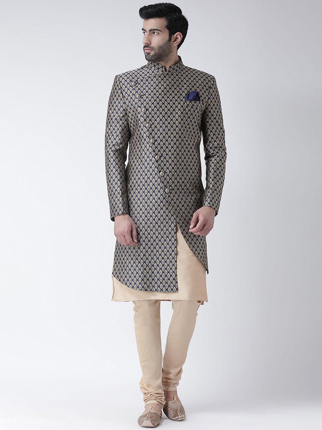 kisah men navy blue & beige sherwani set