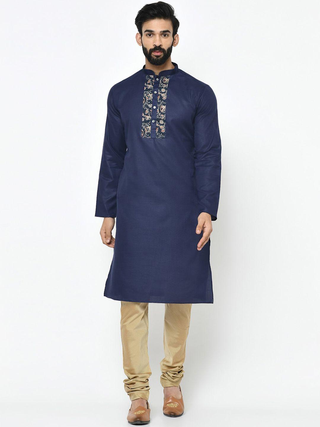 kisah men navy blue & brown yoke design kurta with churidar