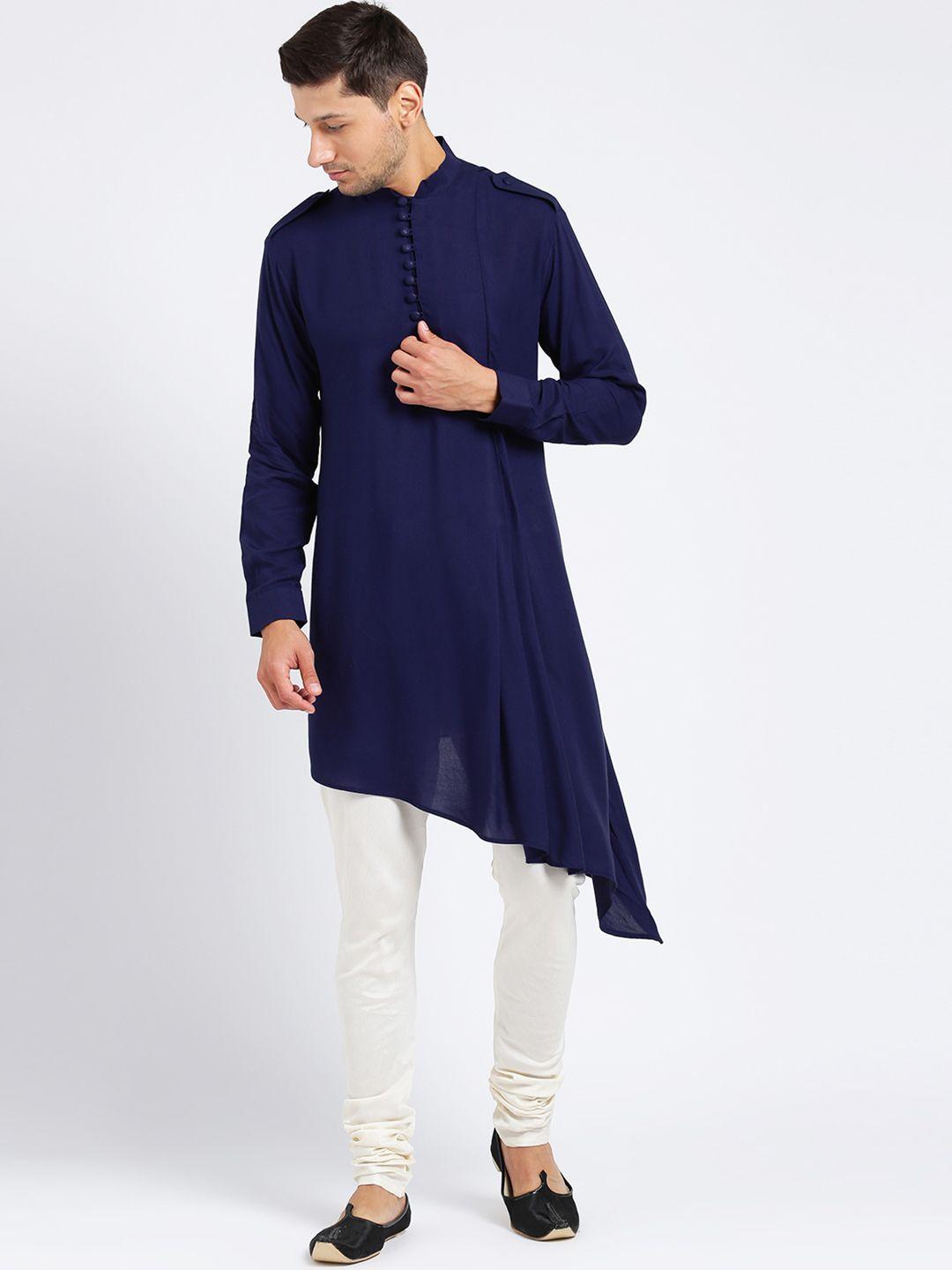 kisah men navy blue & off-white solid kurta with churidar