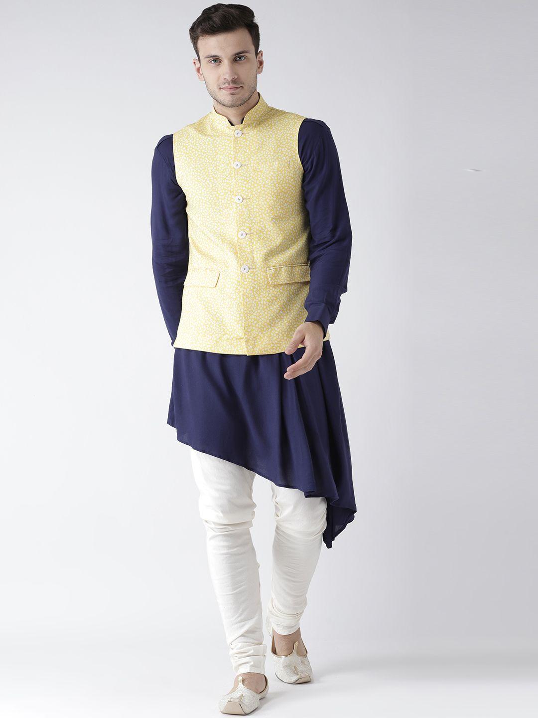kisah men navy blue & yellow printed kurta with churidar & nehru jacket