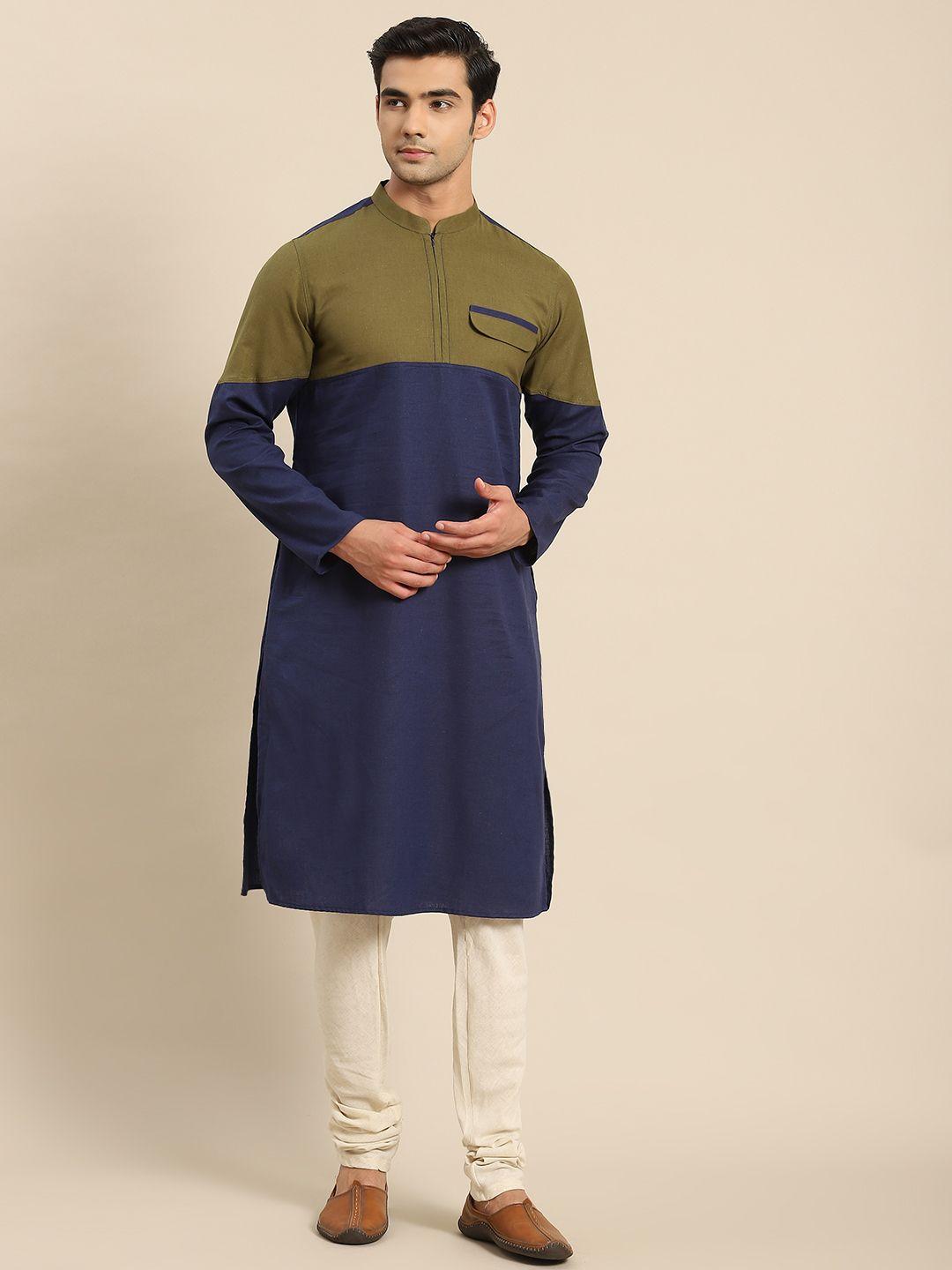 kisah men navy blue colourblocked kurta with dhoti pants