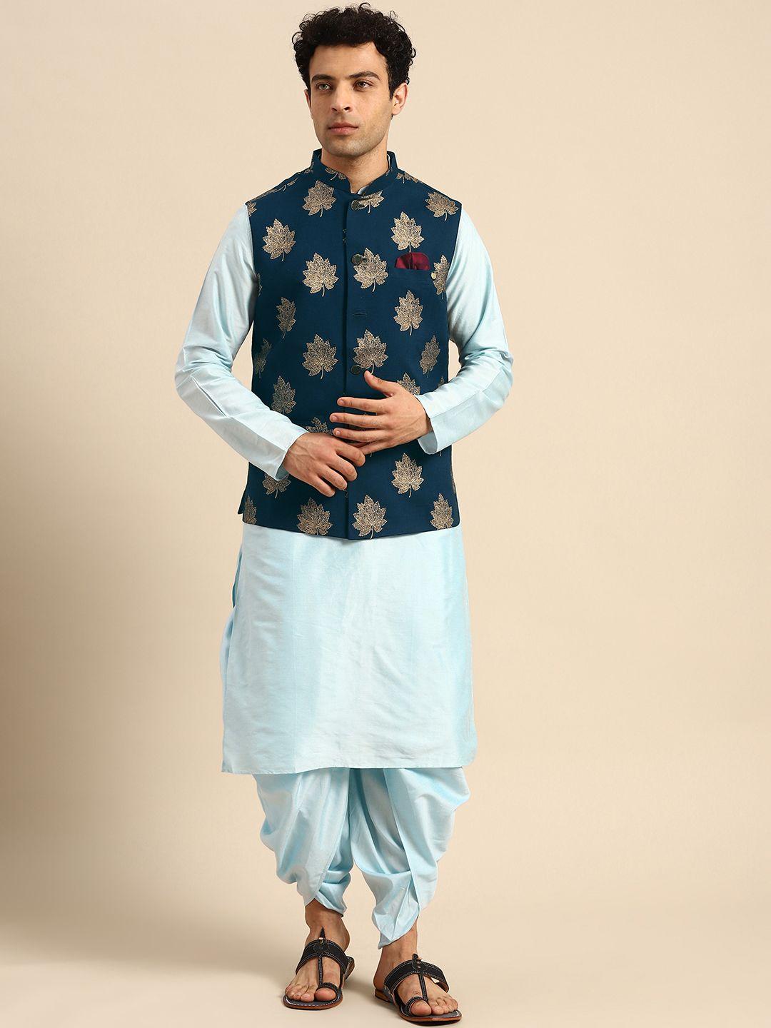 kisah men navy blue ethnic motifs printed kurta jacket set with dhoti pants