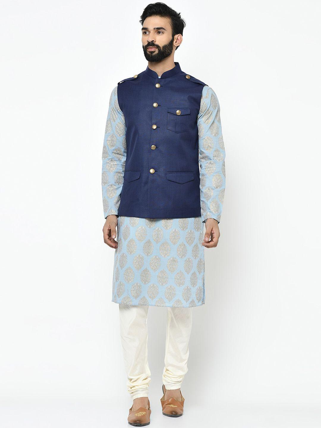 kisah men navy blue kurta with churidar & nehru jacket