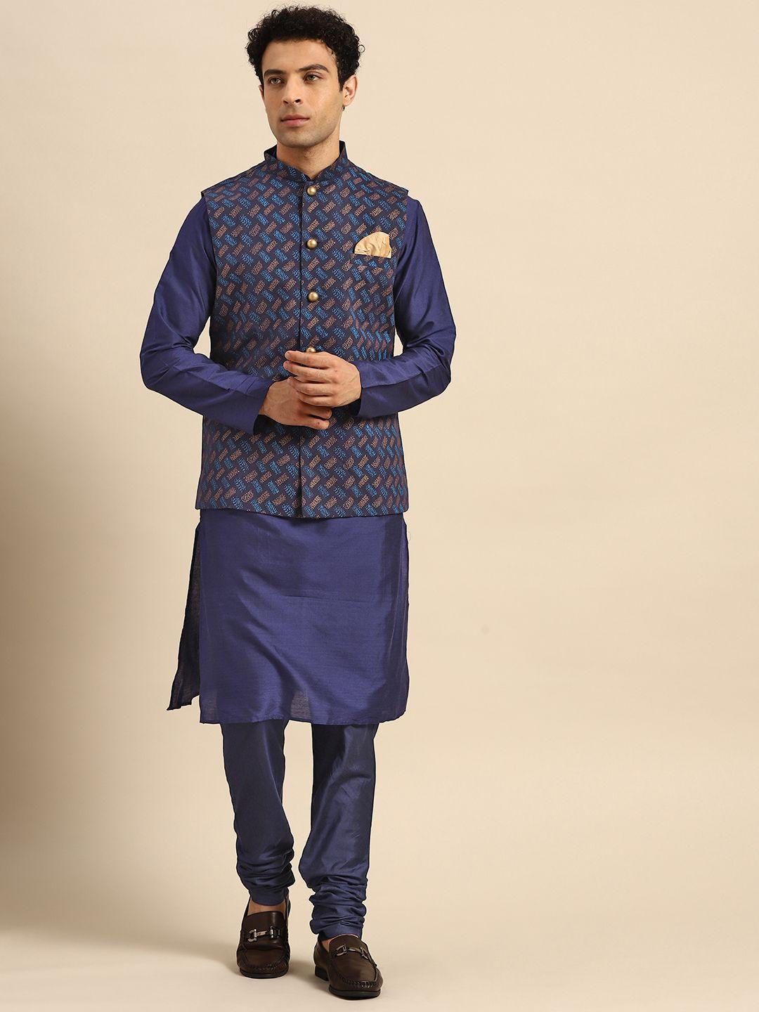 kisah men navy blue kurta with churidar & nehru jacket