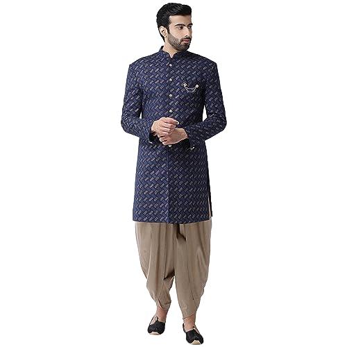 kisah men navy blue printed cotton sherwani set, full sleaves, knee length, straight, regular fit, mandarin collar ethnic wear