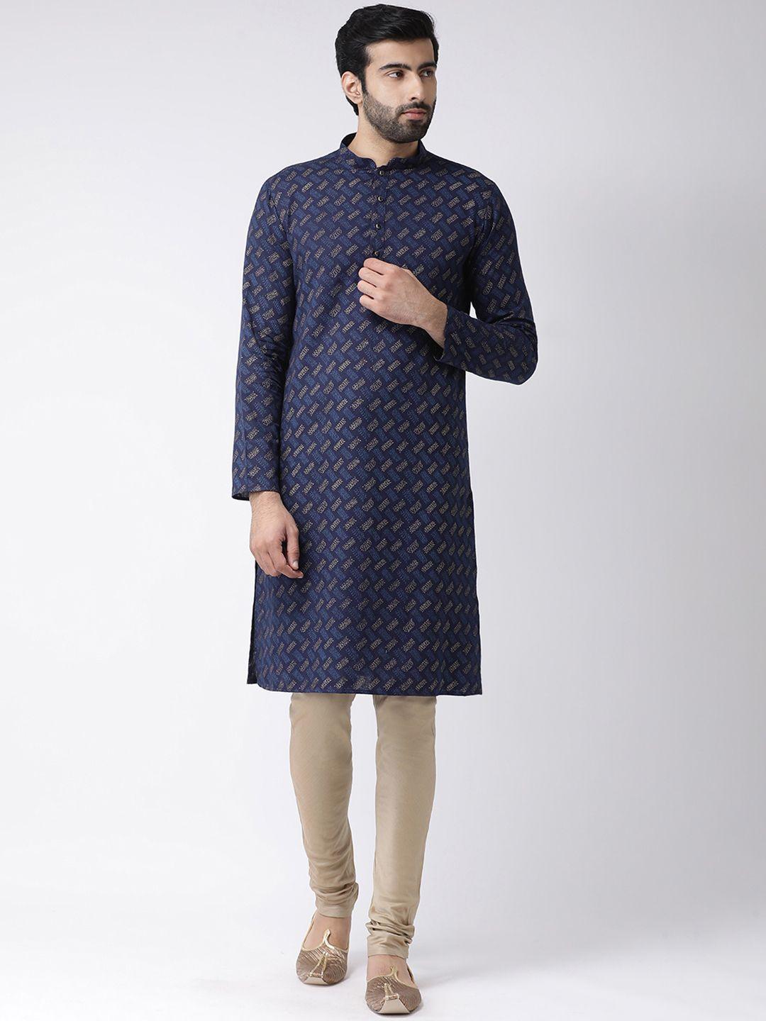 kisah men navy blue printed straight kurta