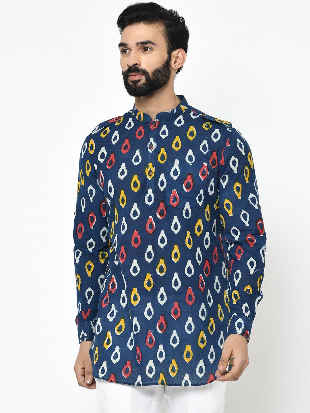 kisah men navy blue printed straight kurta