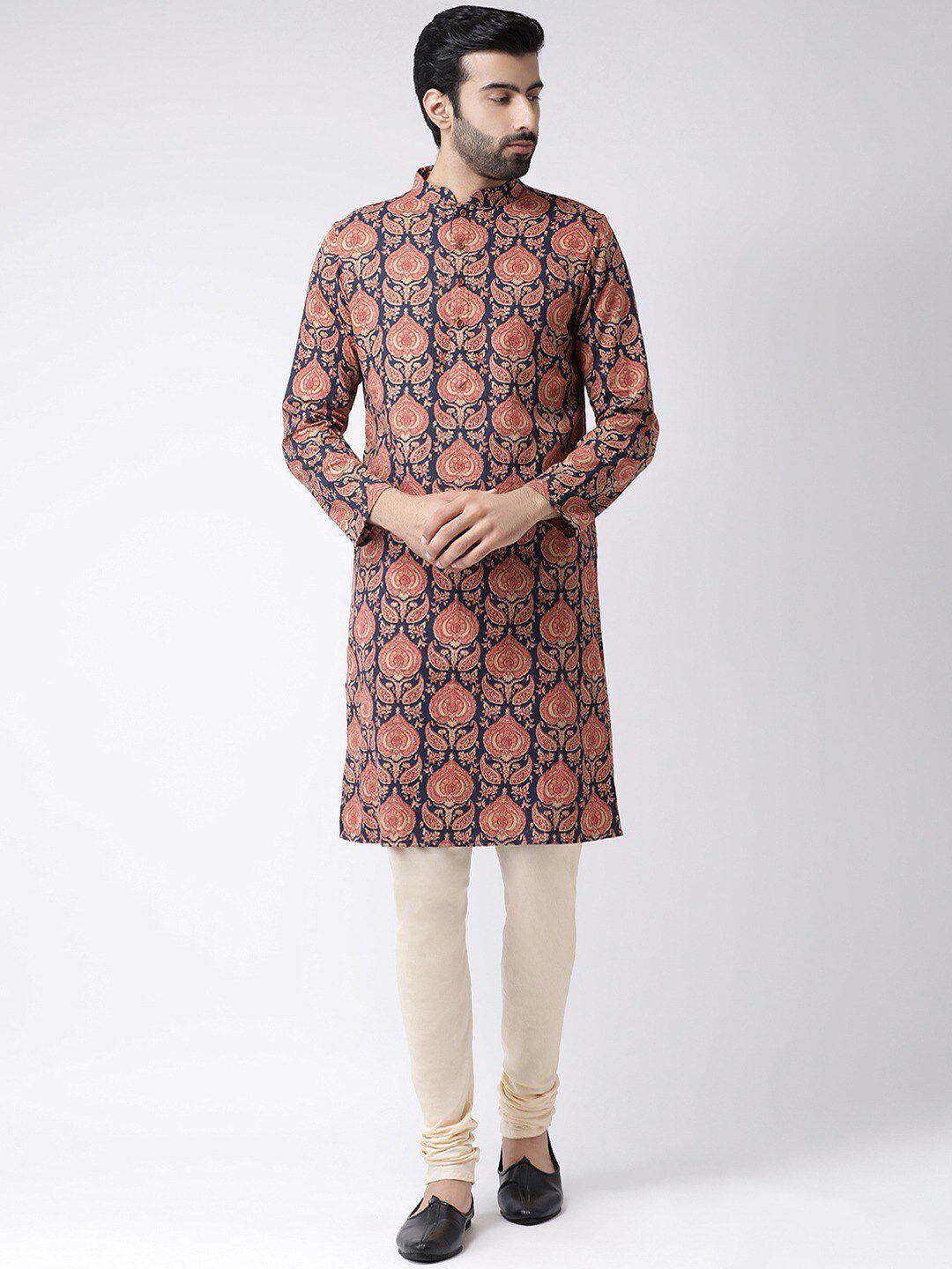 kisah men navy blue printed thread work kurta