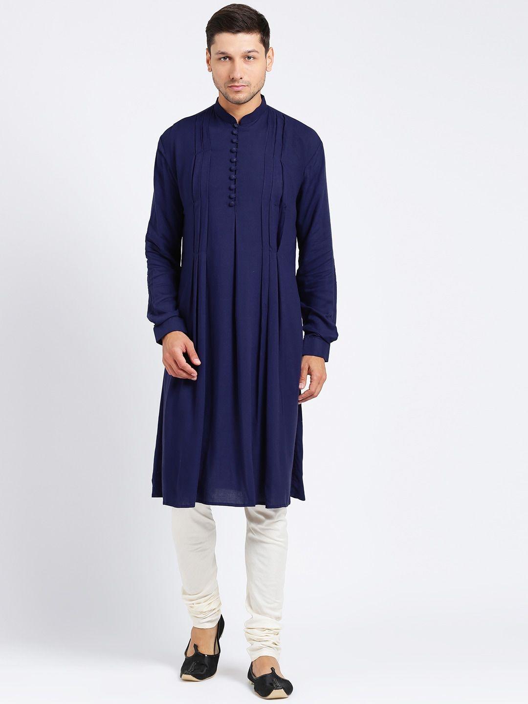 kisah men navy blue solid a-line kurta