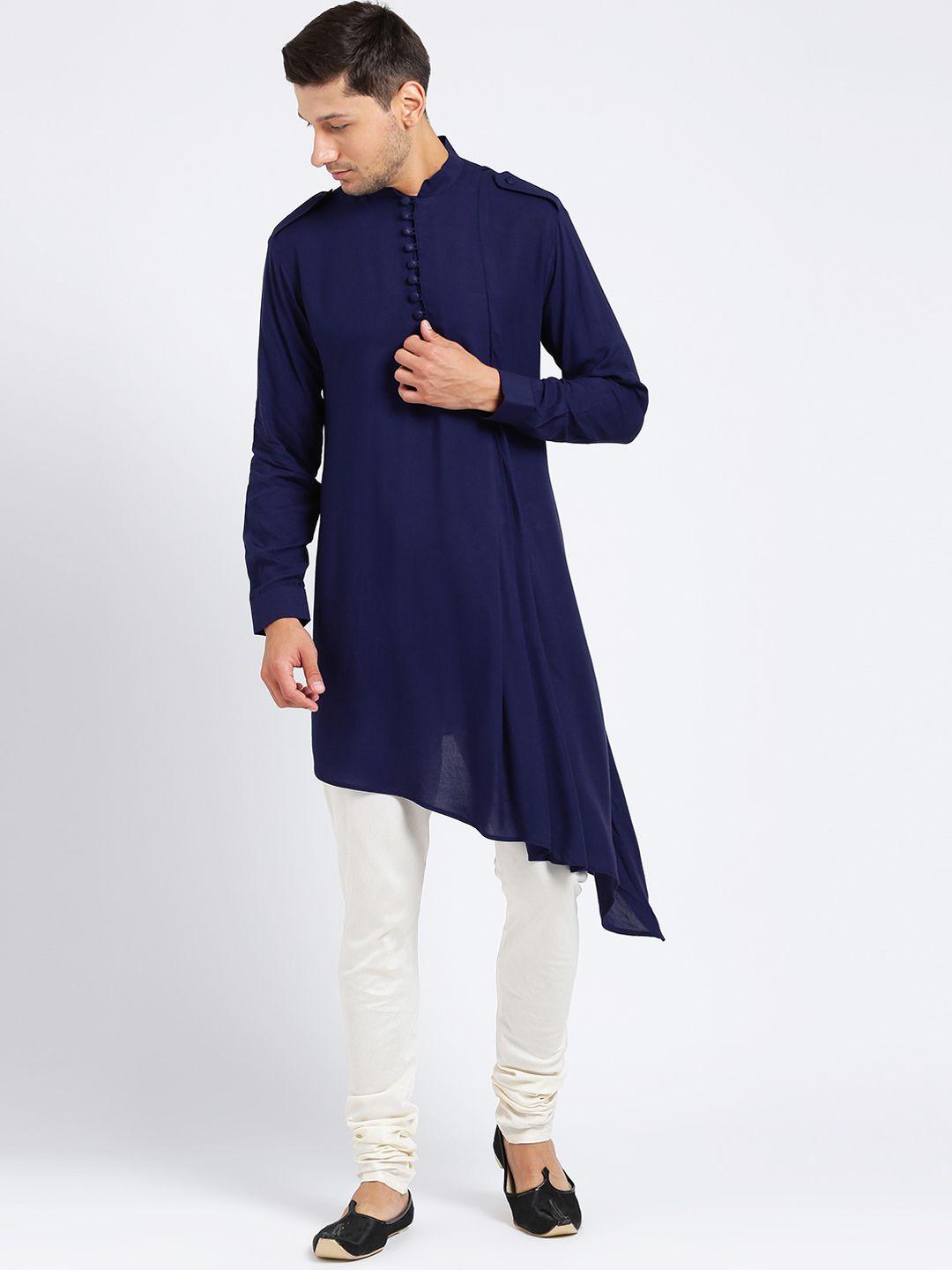 kisah men navy blue solid a-line kurta