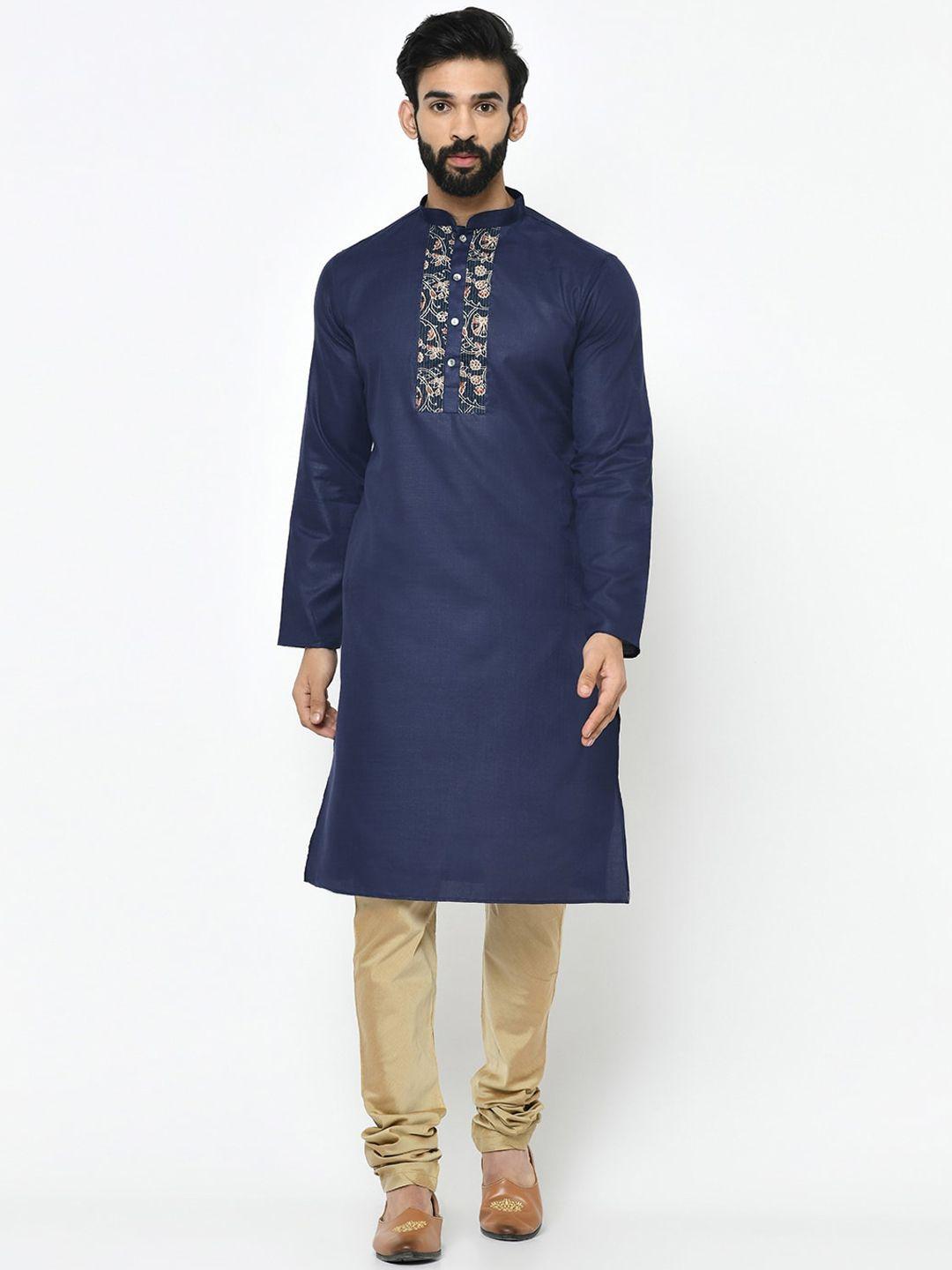 kisah men navy blue yoke design straight kurta