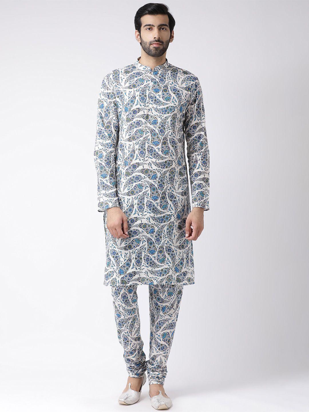 kisah men off-white & blue printed straight kurta