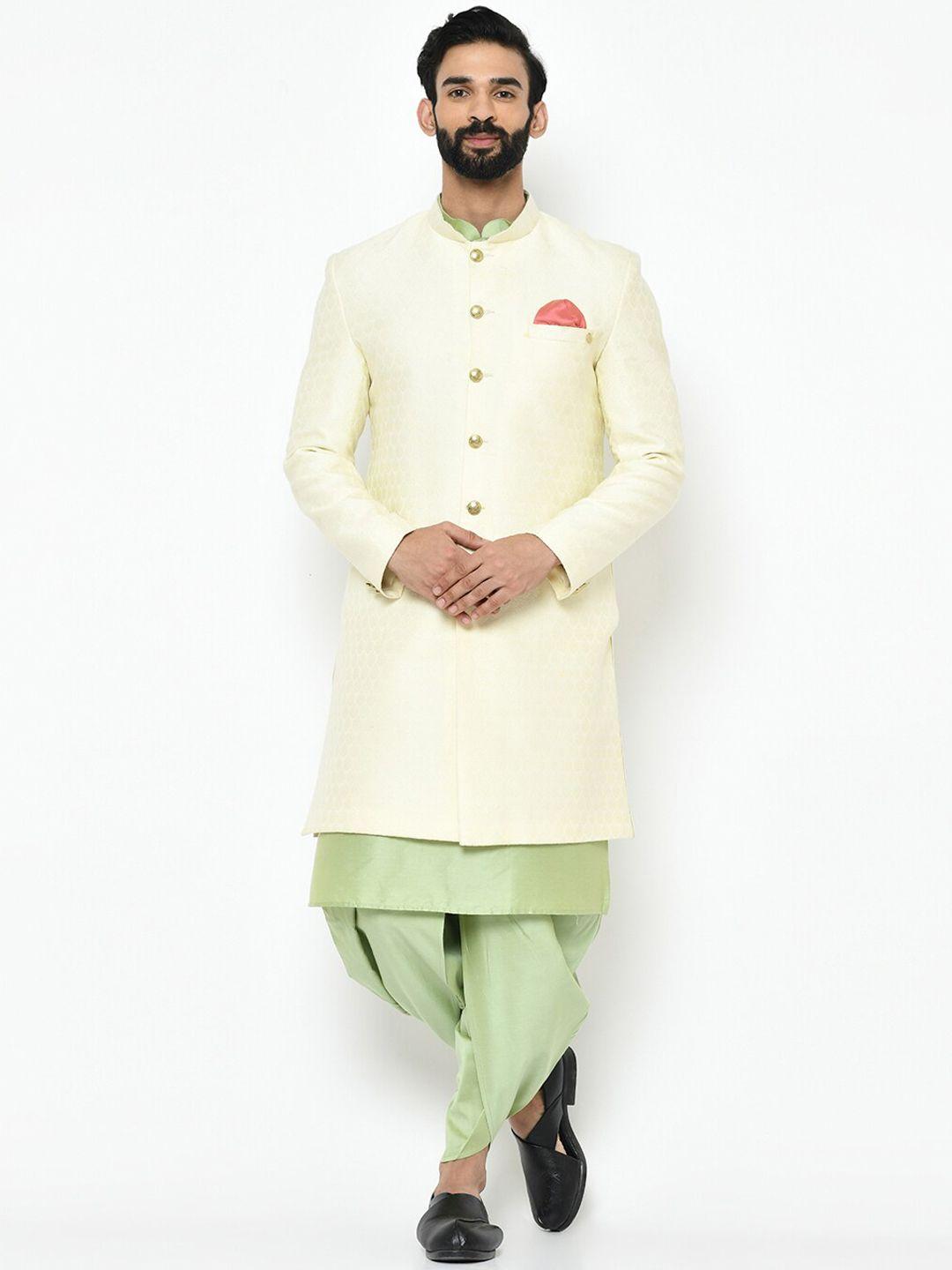 kisah men off-white & green woven design sherwani set