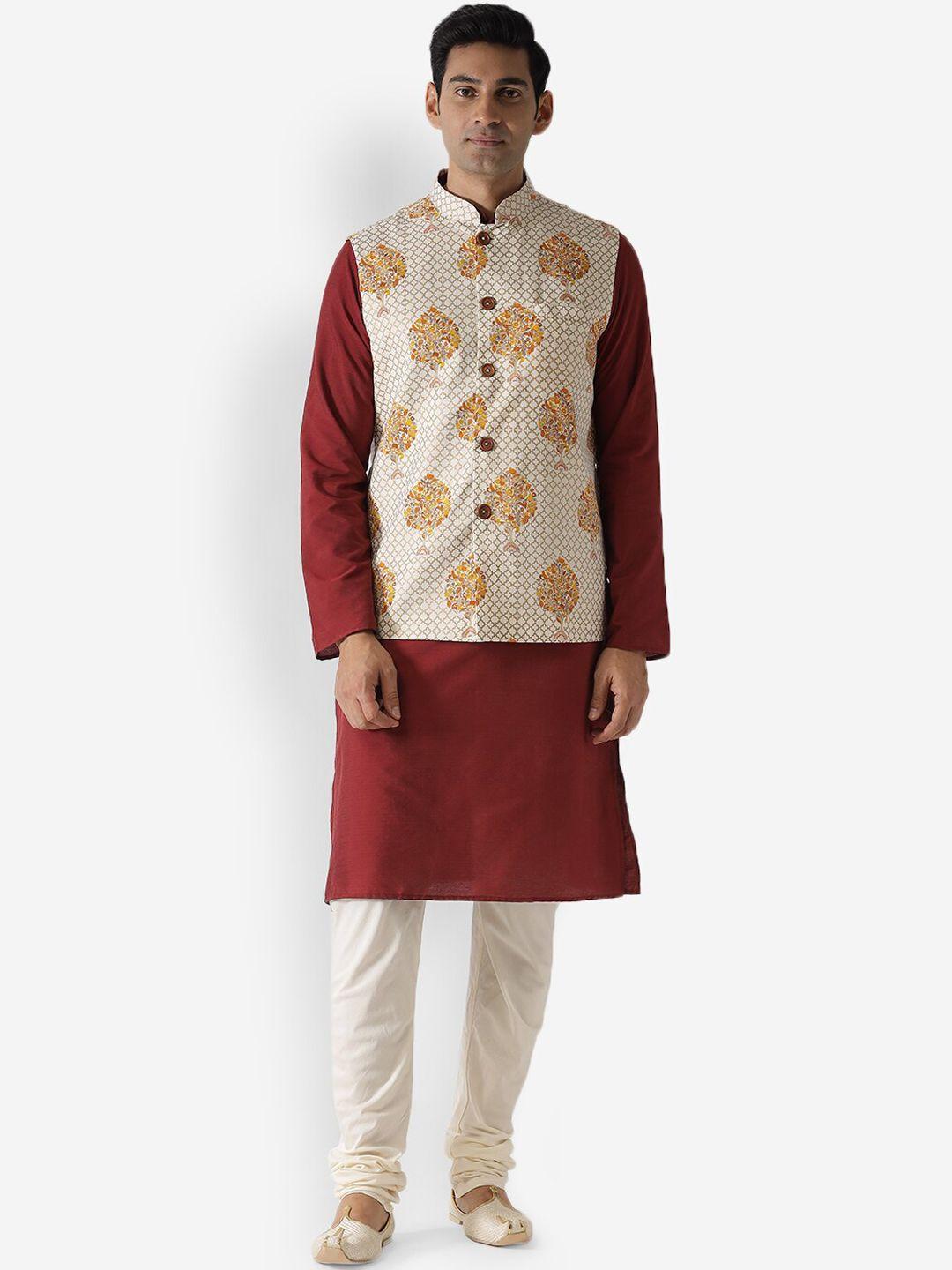 kisah men off white & red printed kurta with churidar & jacket