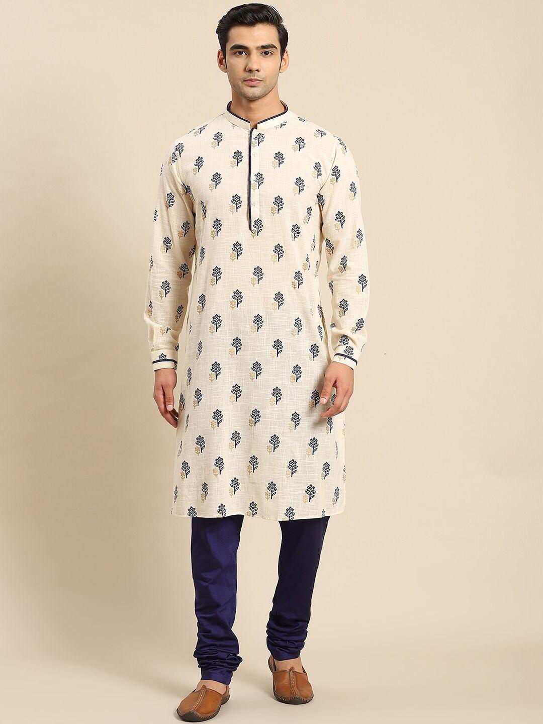 kisah men off white floral printed cotton kurta