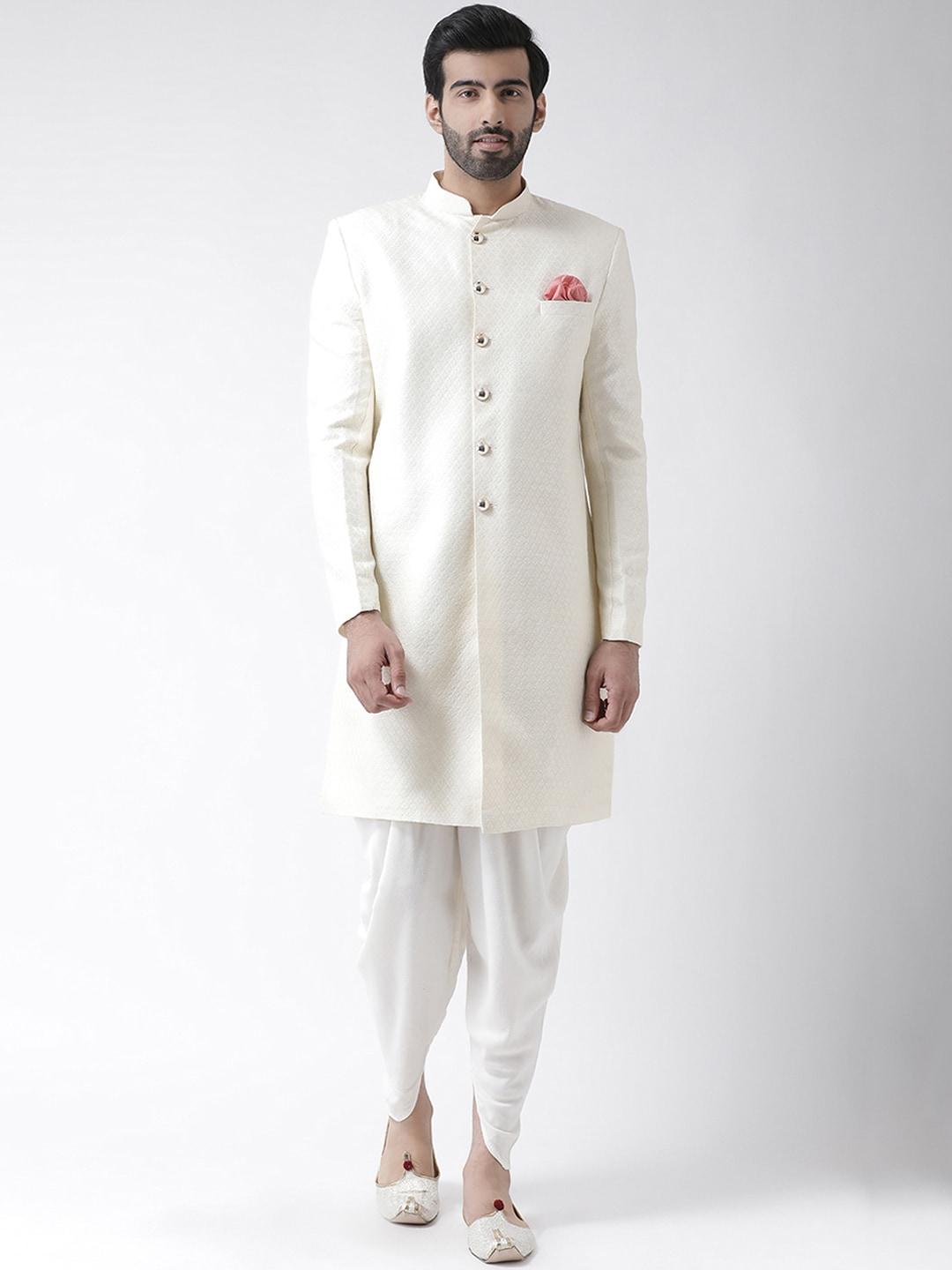 kisah men off white self-design silk sherwani with dhoti pants
