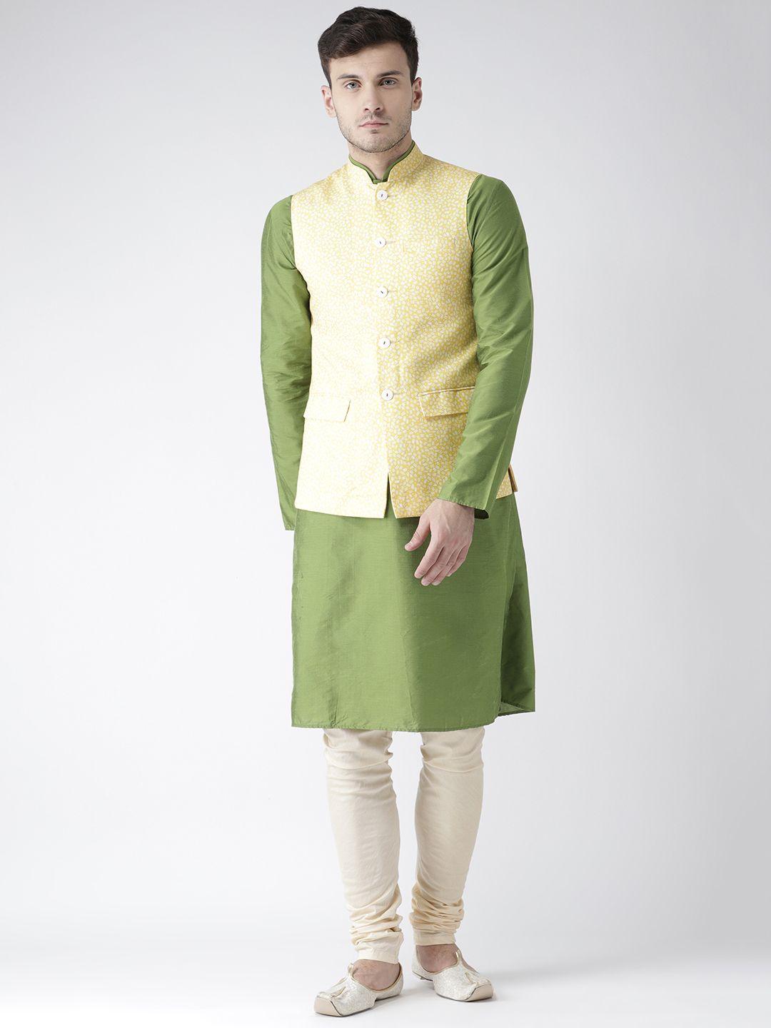 kisah men olive green & yellow printed kurta with churidar & nehru jacket