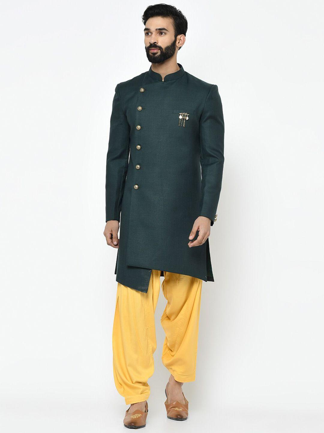 kisah men olive green & yellow solid sherwani set