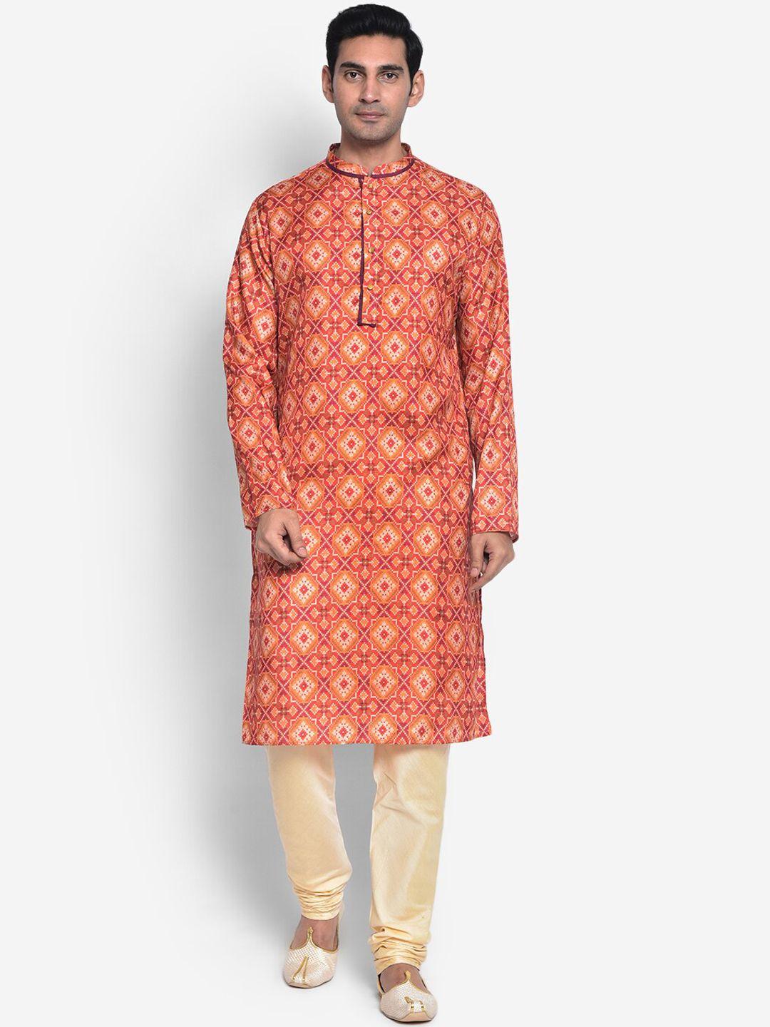 kisah men orange & beige ethnic motifs kurta