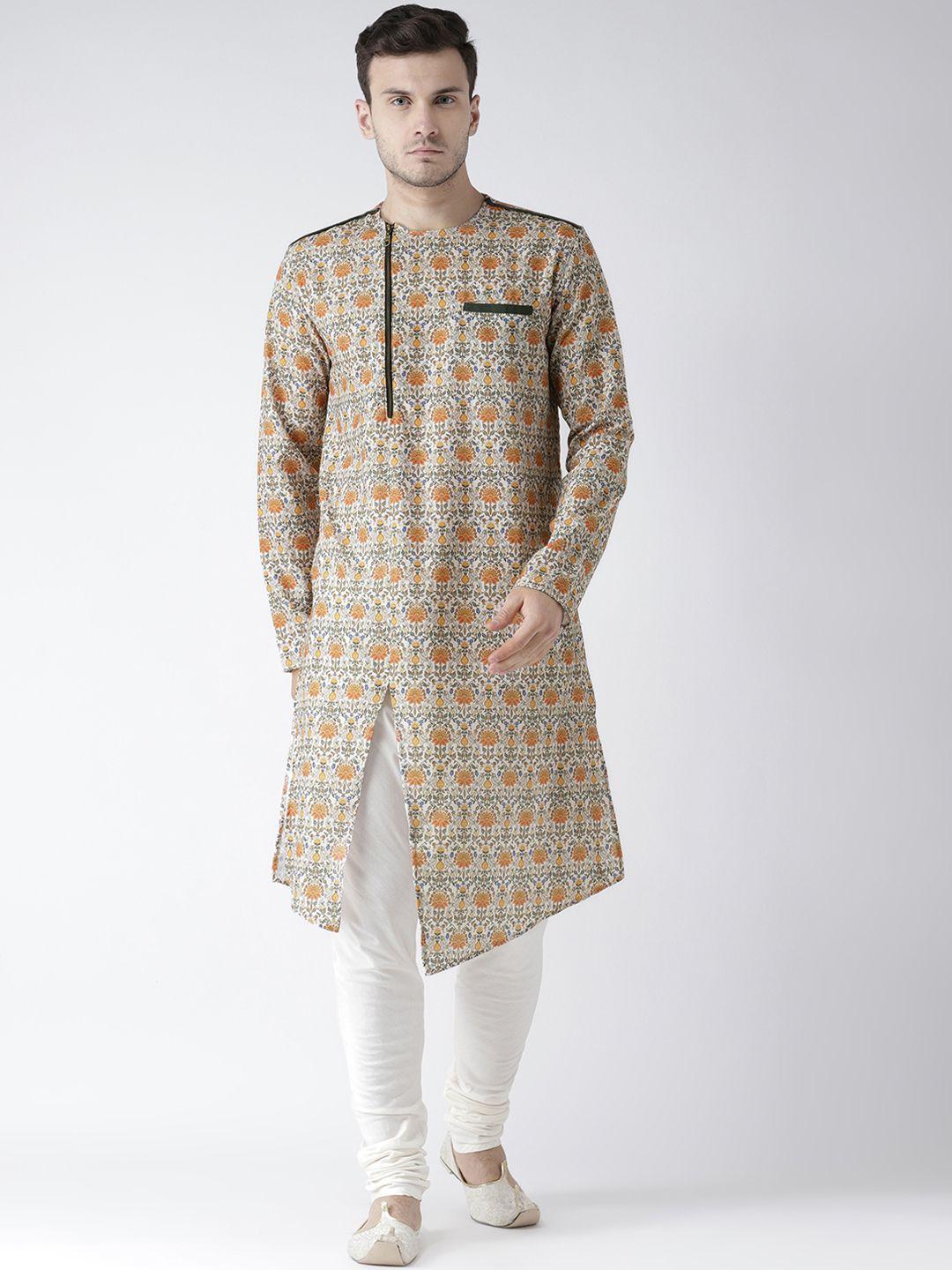 kisah men orange & beige printed kurta with churidar