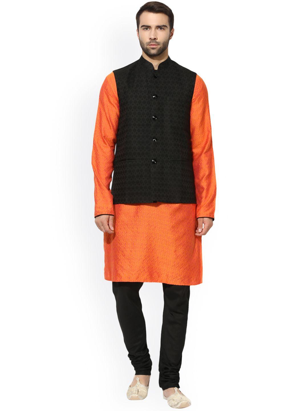 kisah men orange & black solid kurta with churidar and nehru jacket