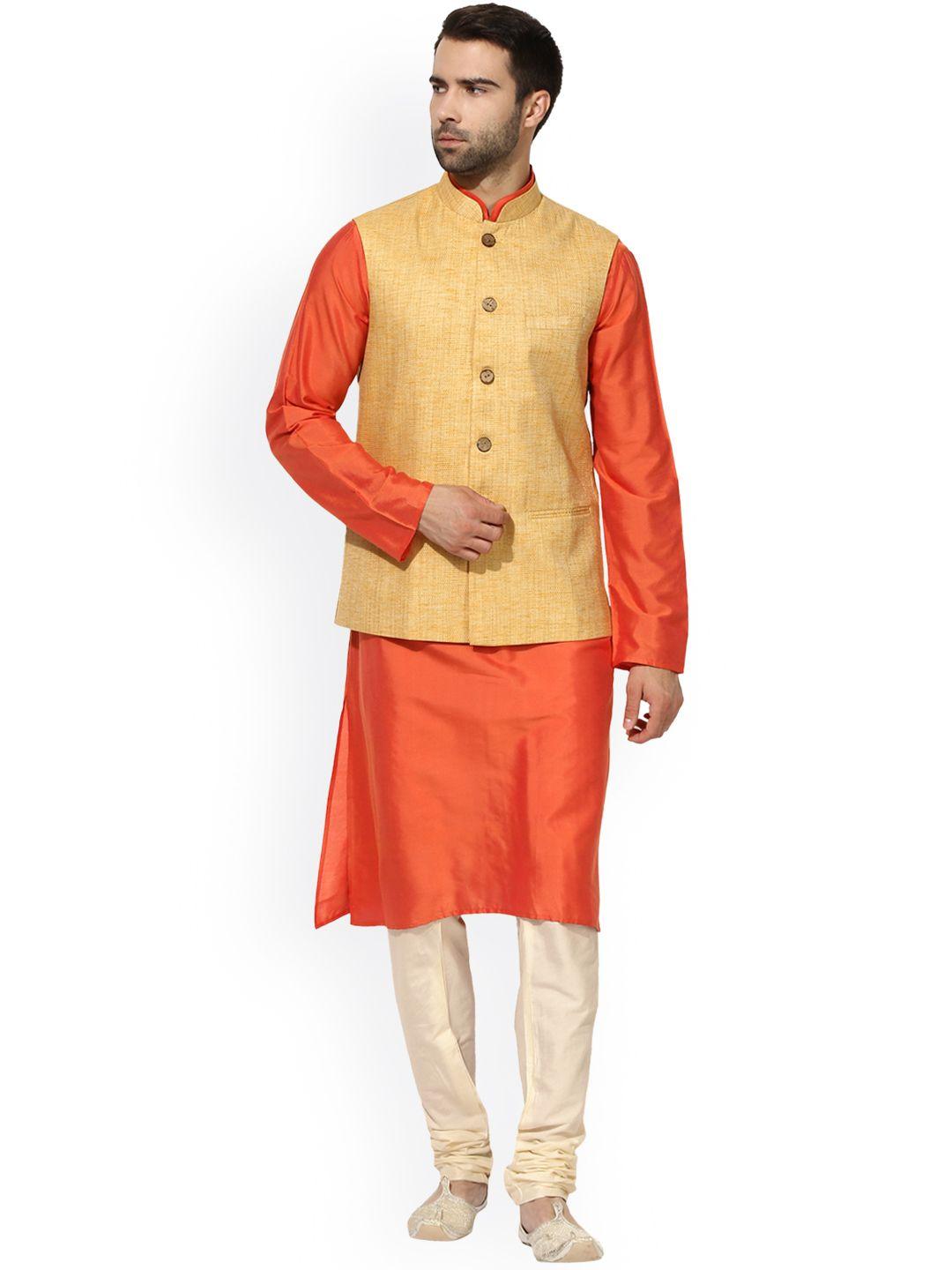 kisah men orange & cream-coloured solid kurta with churidar and waistcoat